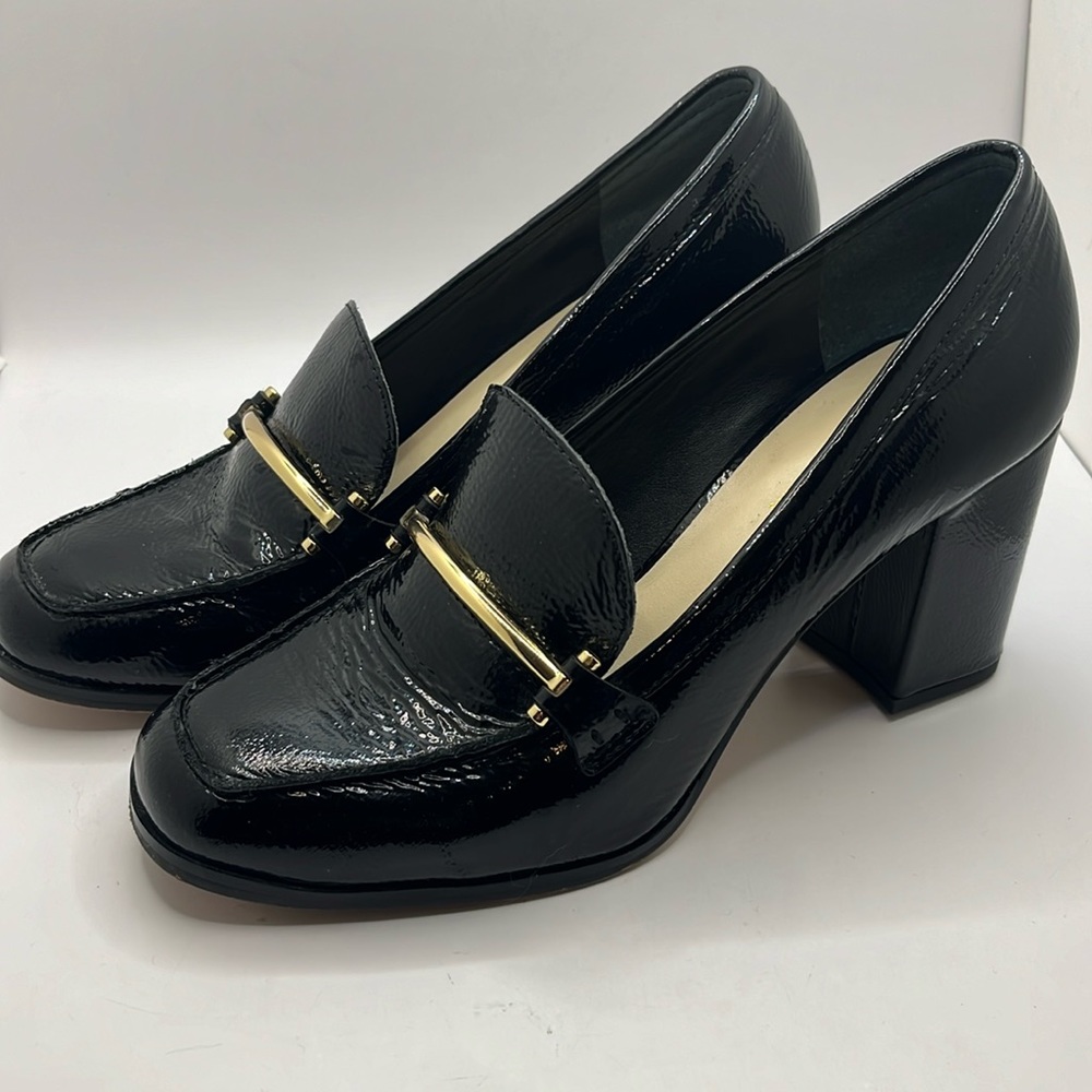 Enzo Anglioni black patent leather block heel loafer pumps gold hardware 7.5